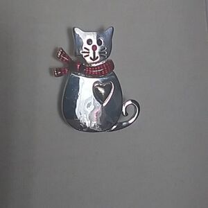 Cat Pin Red Scarf and Silver+Gold Tone Brooch/Scarf Pin w/ Heart